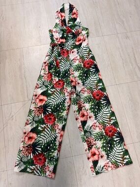 Fashion Nova Tropical Halter Jumpsuit in Green & Pink